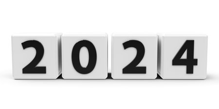 White cubes with number 2024 represent the new 2024 year, on a white table, three-dimensional rendering, 3D illustrationの写真素材