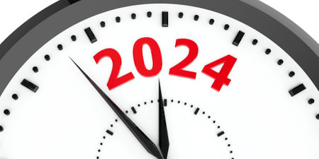 Black clock with number 2024 represents coming new year 2024, three-dimensional rendering, 3D illustrationの写真素材