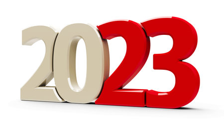 Red 2023 symbol, icon or button isolated on white background, represents the new year 2023, three-dimensional rendering, 3D illustrationの写真素材