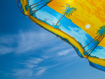 Umbrella with palm trees against the blue skyの写真素材