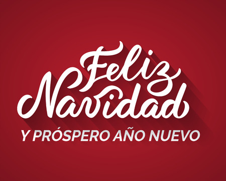 Merry Christmas and a Happy New Year from Spanish. Hand-written text, words, typography, calligraphy, lettering. Vector white inscription on red background. For banner, flyer, poster, greeting cardのイラスト素材