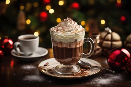 a big christmas mug filled with hot chocolate milk with whipped cream, Christmas colorsの素材