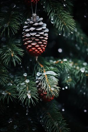 closeup photo of a Christmas pine tree with sparkly Christmas baubles, Christmas lightsの素材