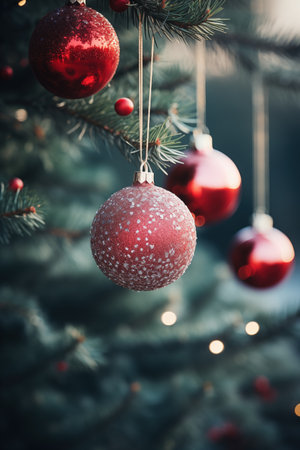 closeup photo of a Christmas pine tree with sparkly Christmas baubles, Christmas lightsの素材