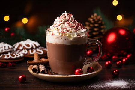 a big christmas mug filled with hot chocolate milk with whipped cream, Christmas colorsの素材