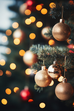 closeup photo of a Christmas pine tree with sparkly Christmas baubles, Christmas lightsの素材