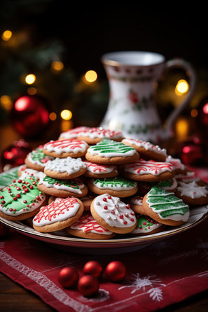 a plate with glazed Christmas cookies, on a decorated table, Christmas colorsの素材