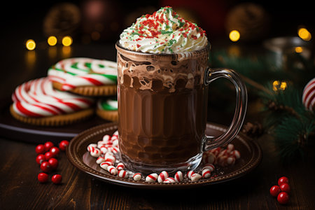 a big christmas mug filled with hot chocolate milk with whipped cream, Christmas colorsの素材
