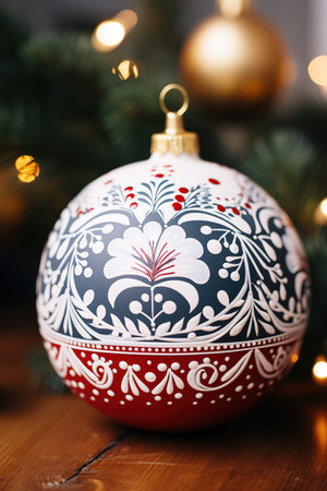 a closeup photo of a Christmas bauble with hand painted pattern on it, Christmas colorsの素材