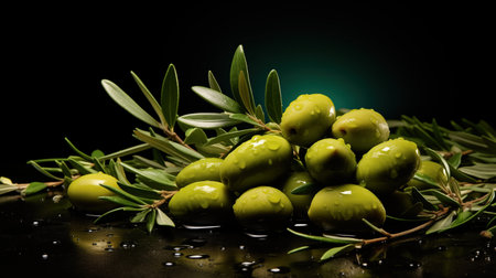 Green olives with leaves on a black background with water drops.の素材