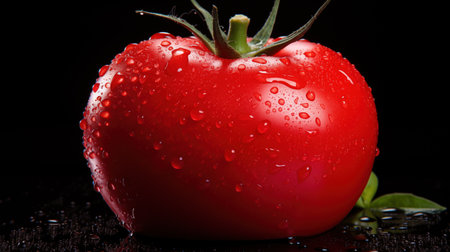 Fresh tomato with water drops on black background. Shallow DOF.の素材