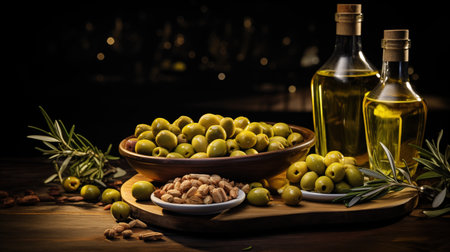 Olive oil, olives and nuts on a wooden table.の素材