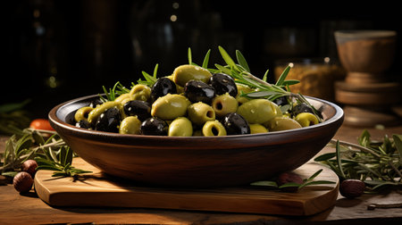 Green and black olives with rosemary in a bowl on a wooden tableの素材