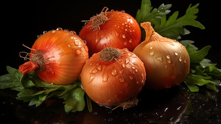 onions and parsley on a black background with water dropletsの素材