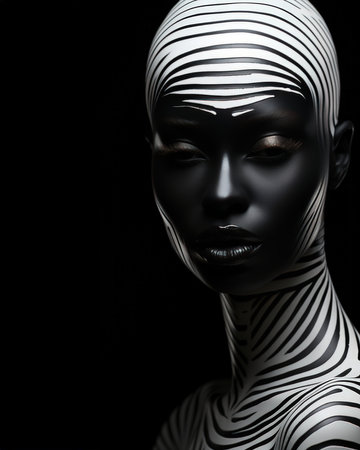 A black and white photo of a black young beautiful African woman in professional makeup white backgroundの素材