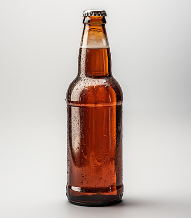 A brown beer bottle takes center stage on a pristine white background, showcasing a tasteful blend of light black and crimson tones. This minimalist yet stylish composition captures the essence of sophistication in beer presentation.の素材