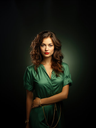 A stunning portrait of a beautiful woman standing gracefully in a vibrant green dress, set against a striking black background. Her poise and beauty create a captivating image that exudes sophistication and styleの素材
