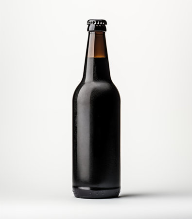 A brown beer bottle takes center stage on a pristine white background, showcasing a tasteful blend of light black and crimson tones. This minimalist yet stylish composition captures the essence of sophistication in beer presentation.の素材