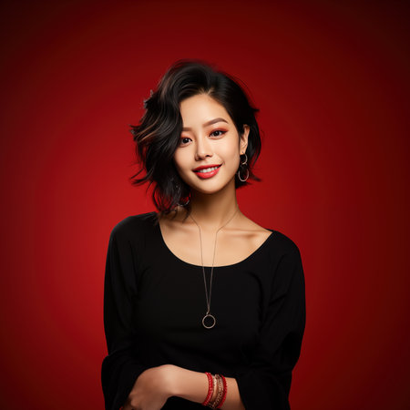 Shot featuring a smiling, beautiful Asian young woman. Adorned with bright lipstick, she stands against a vibrant red background in a professional photo studio settingの素材