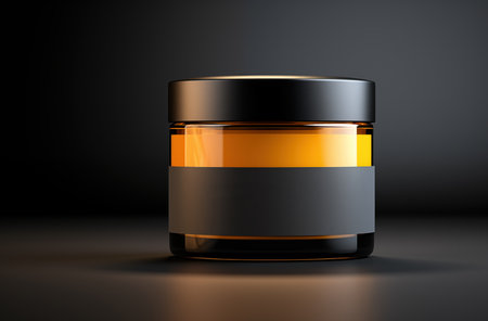 3D mockup featuring a cosmetic jar in a stylish dark yellow and gray color scheme. product photography, creating an elegant visual presentation. Ideal for showcasing beauty and skincare products with a touch of modern luxuryの素材