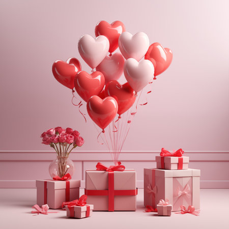 Indulge in the romantic ambiance of this captivating image featuring red and pink heart-shaped balloons, set against a dreamy pink studio backdrop adorned with gift boxesの素材