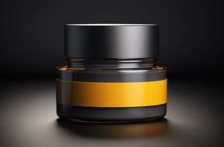 3D mockup featuring a cosmetic jar in a stylish dark yellow and gray color scheme. product photography, creating an elegant visual presentation. Ideal for showcasing beauty and skincare products with a touch of modern luxuryの素材