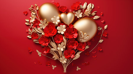 image of gold foil heart-shaped balloons adorned with flying roses and Ranunculus, set against a vibrant red backgroundの素材
