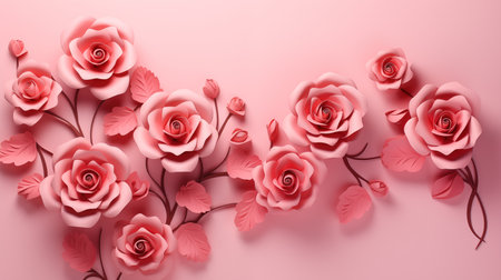 3D pink roses blooming on the right side, creating an elegant visual balance with a blank space on the left sideの素材