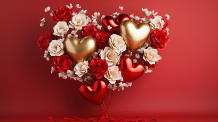 image of gold foil heart-shaped balloons adorned with flying roses and Ranunculus, set against a vibrant red backgroundの素材