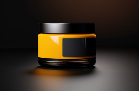 3D mockup featuring a cosmetic jar in a stylish dark yellow and gray color scheme. product photography, creating an elegant visual presentation. Ideal for showcasing beauty and skincare products with a touch of modern luxuryの素材