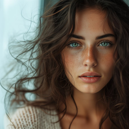 beauty with this close-up portrait featuring a stunning 30-year-old womanの素材