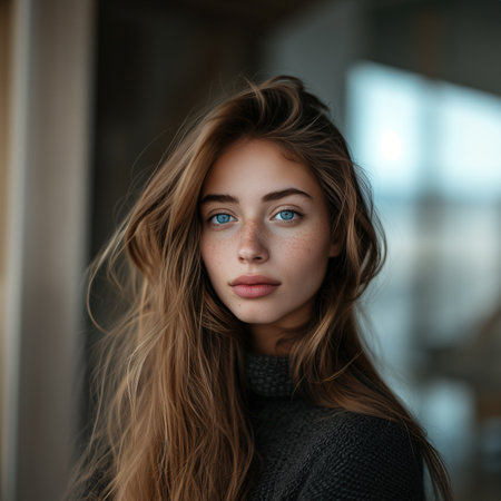 beauty with this close-up portrait featuring a stunning 30-year-old womanの素材
