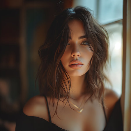 beauty with this close-up portrait featuring a stunning 30-year-old womanの素材