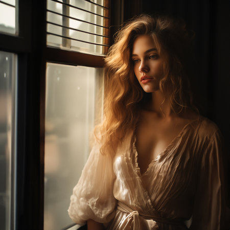 woman looking out of an open window, the warm light bathes the scene in light amber hues, capturing a spontaneous gesture that adds a haunting allureの素材