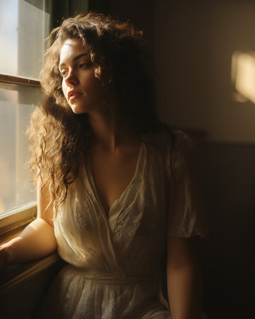 woman looking out of an open window, the warm light bathes the scene in light amber hues, capturing a spontaneous gesture that adds a haunting allureの素材