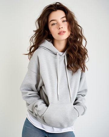 A beautiful Caucasian female supermodel with brown hair wearing a grey hoodie in a neutral pose, she dons a light grey hoodie and jeans, complemented by a bold bright lipstick. This versatile mockup is perfect for showcasing fashion, lifestyle, or beauty concepts.の素材