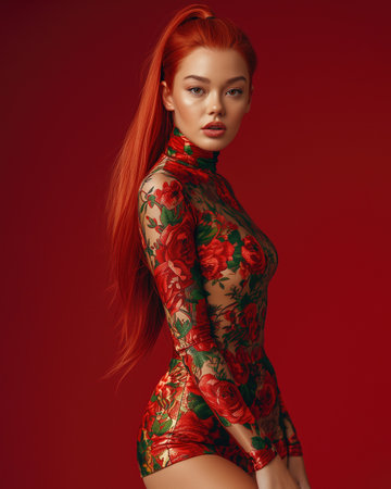 A beautiful girl with striking red hair styled in a sleek ponytail. As a natural beauty modelの素材