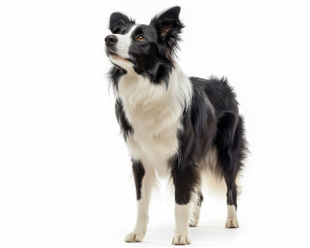 Border Collie standing guard with ears perked up and alert showcasing a slice perspective of undivided attention against a clean white backgroundの素材