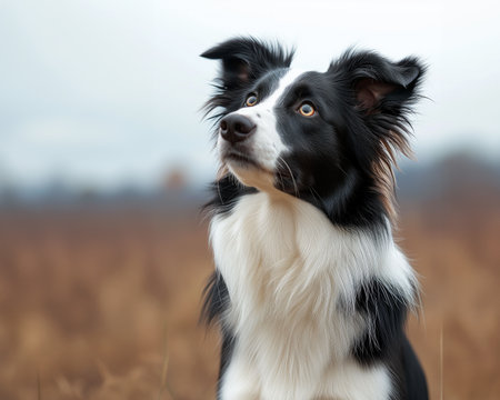 Border Collie standing guard with ears perked up and alert showcasing a slice perspective of undivided attention against a clean white backgroundの素材