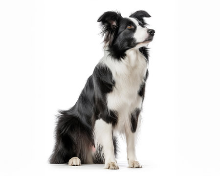 Border Collie standing guard with ears perked up and alert showcasing a slice perspective of undivided attention against a clean white backgroundの素材