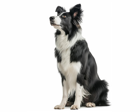 Border Collie standing guard with ears perked up and alert showcasing a slice perspective of undivided attention against a clean white backgroundの素材