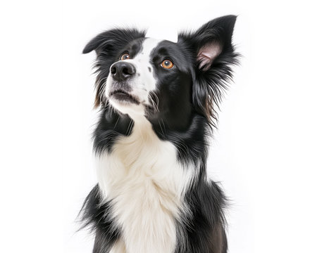Border Collie standing guard with ears perked up and alert showcasing a slice perspective of undivided attention against a clean white backgroundの素材