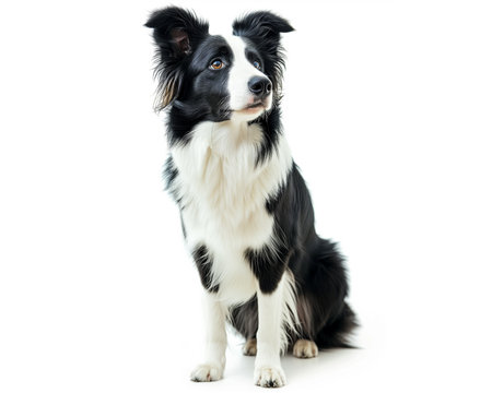 Border Collie standing guard with ears perked up and alert showcasing a slice perspective of undivided attention against a clean white backgroundの素材