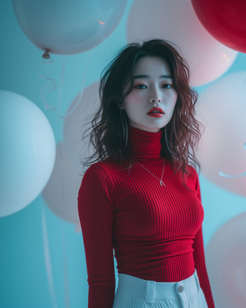 Radiate elegance with this stunning image of a woman donning a vibrant red turtleneck, paired with a chic white outfitの素材