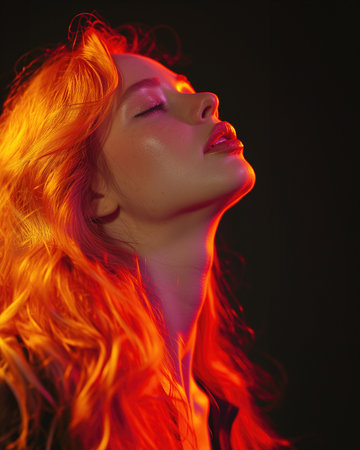 Caucasian model with long flowing red hair, portraying a conflicted expression. The interplay of vibrant red locks adds a dynamic touch to the visual narrative, capturing the nuanced emotions of the subjectの素材