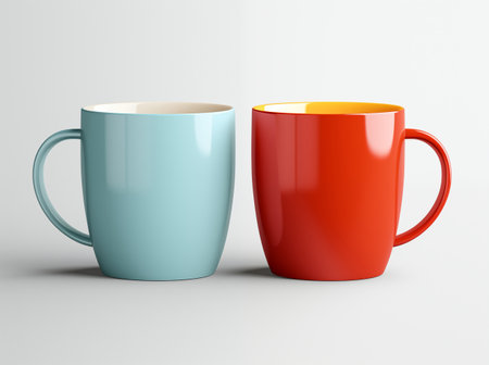 Mugs of different colors on a white background. 3d renderingの素材