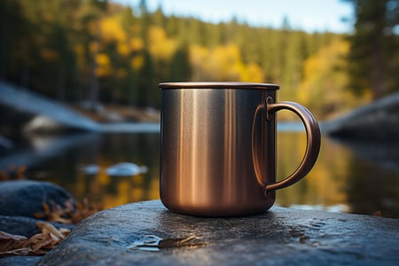 Mug of hot drink on the background of autumn forest and lake.の素材
