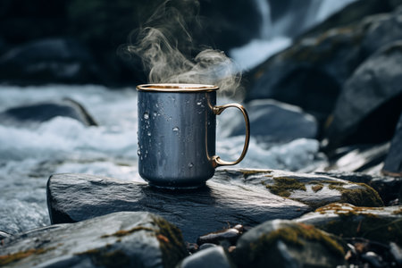 Mug of hot drink on a stone in front of a waterfallの素材