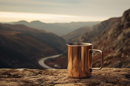 Mug of coffee on the top of a mountain at sunset.の素材