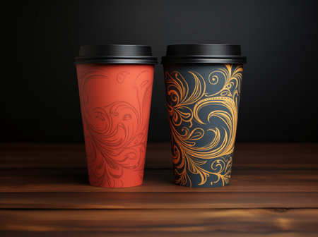 Two paper coffee cups on wooden background. 3d render illustration.の素材
